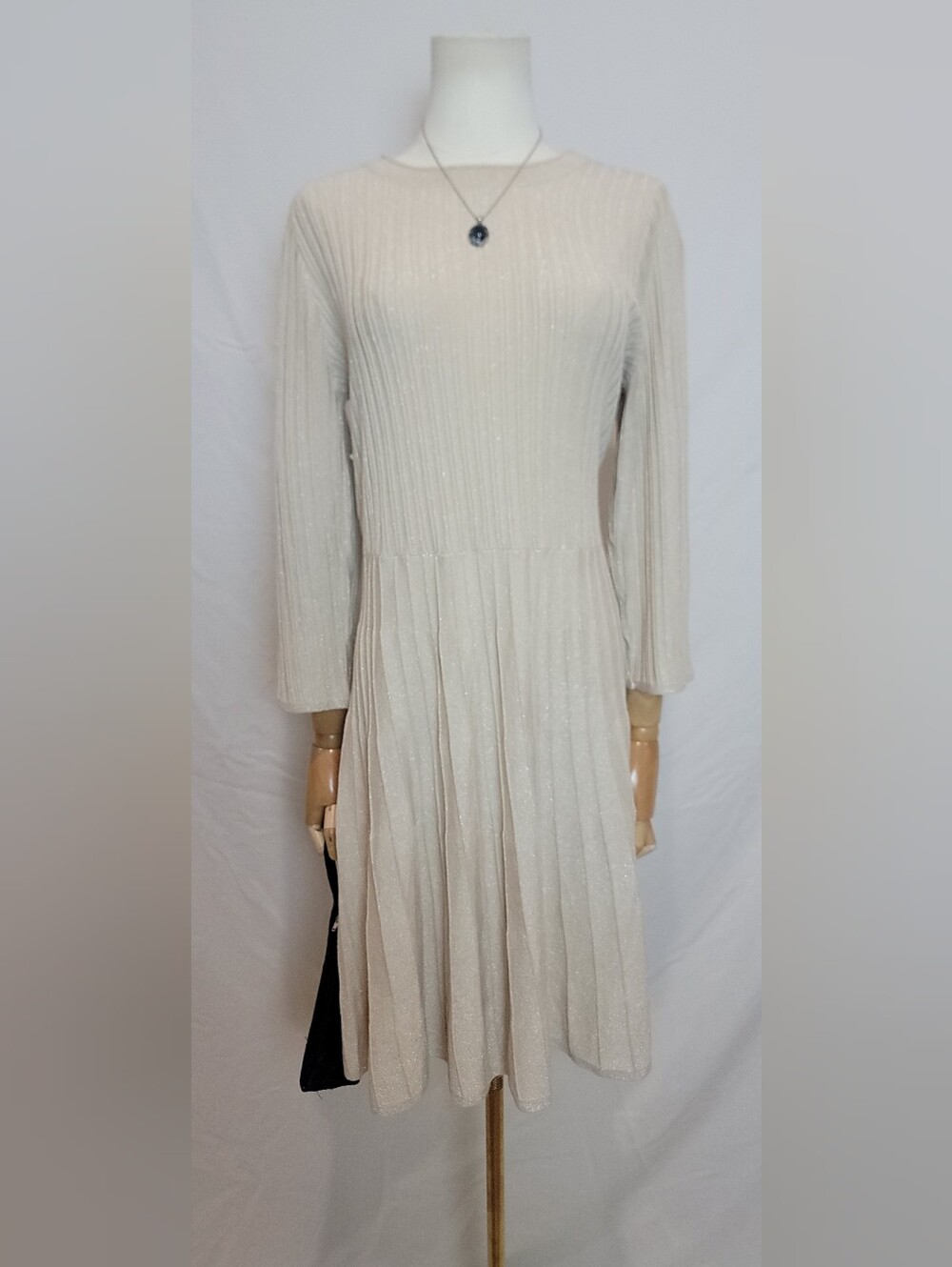 Nanette Lepore Champagne Metallic Pleated Knit Dress, Size Large